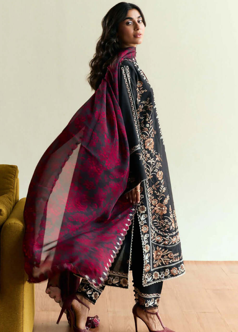 3 Piece Unstitched Heavy Embroidered Dhanak Suit with Printed Wool Shawl