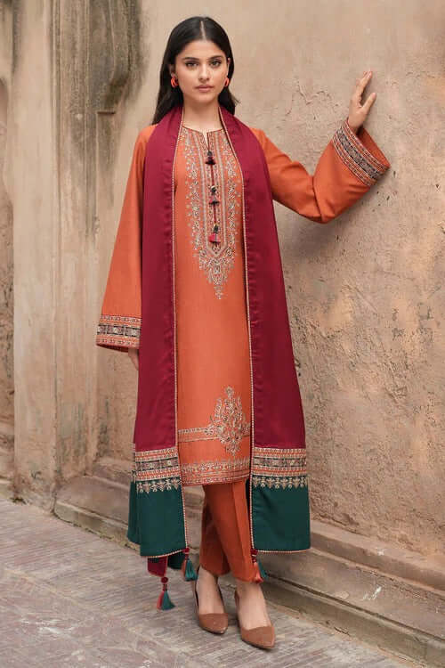 3 Piece Unstitched Heavy Embroidered Dhanak Suit with Printed Wool Shawl
