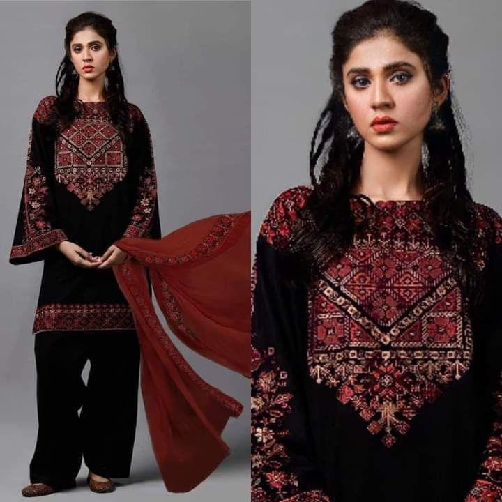 3 Piece Unstitched Heavy Embroidered Lawn Suit with Heavy Embroidered Chiffon Dupatta - Malam