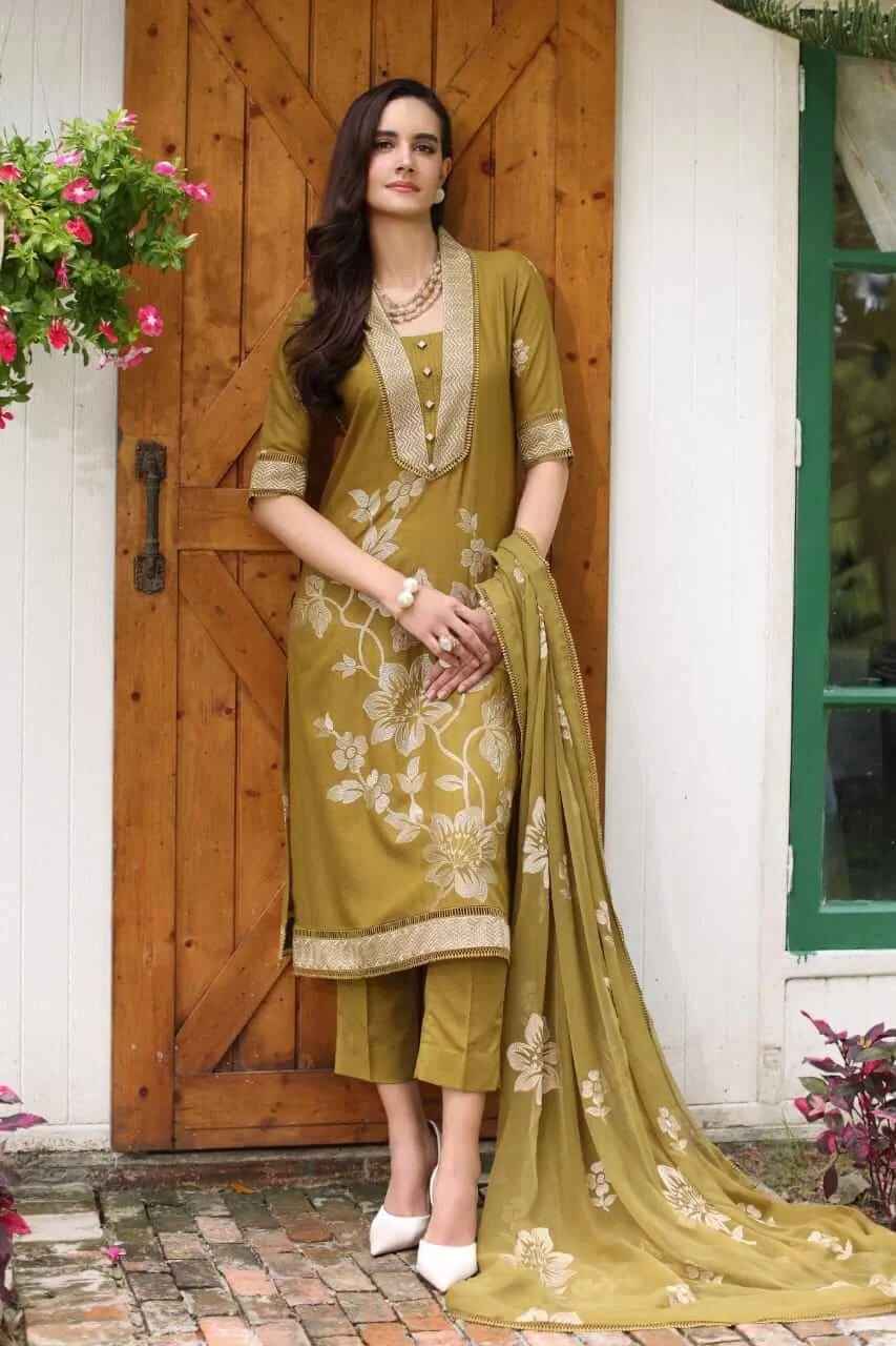 3 Piece Unstitched Heavy Embroidered Lawn Suit with Embroidered Lawn Dupatta