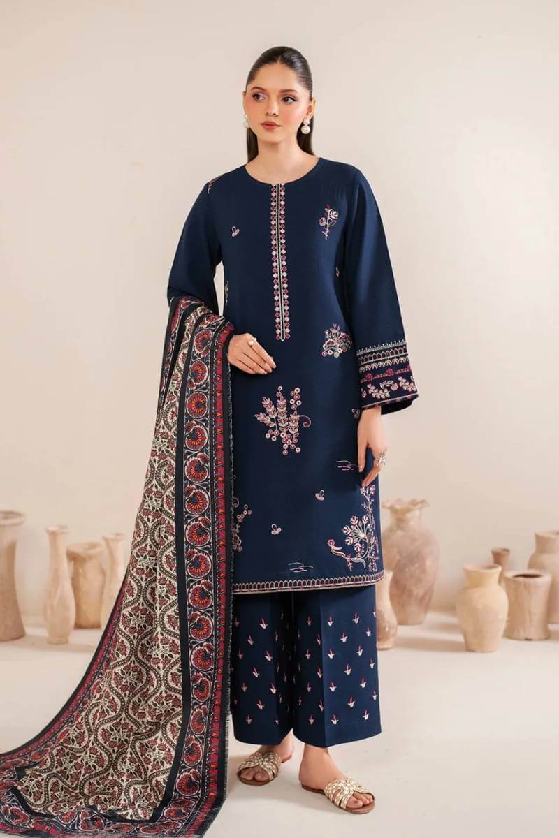 3 Piece Unstitched Heavy Embroidered Dhanak Suit with Printed Wool Shawl