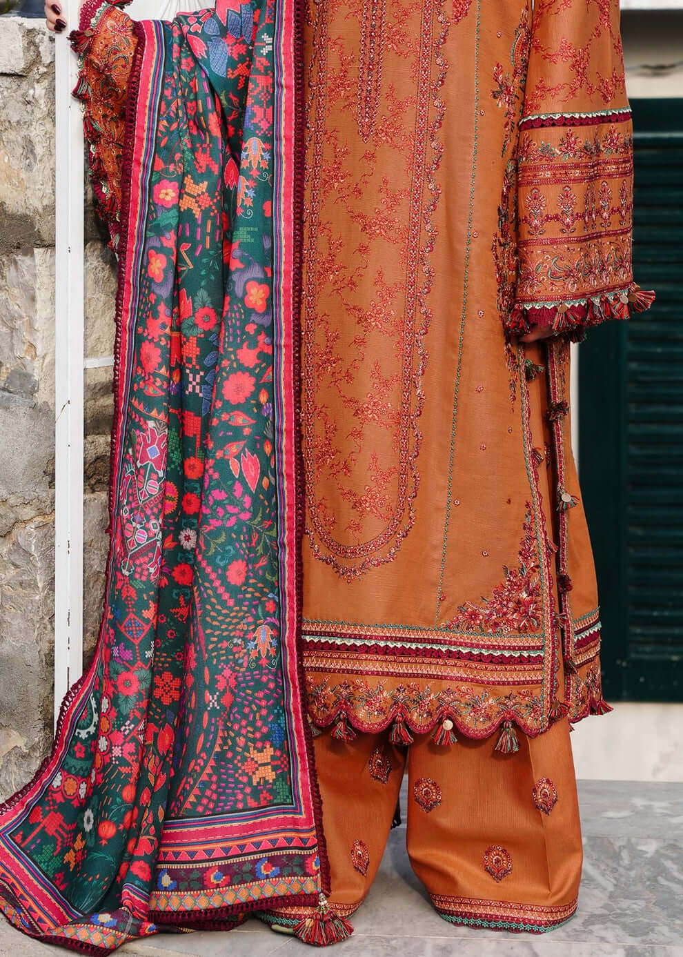 3 Piece Unstitched Heavy Embroidered Dhanak Suit with Printed Wool Shawl