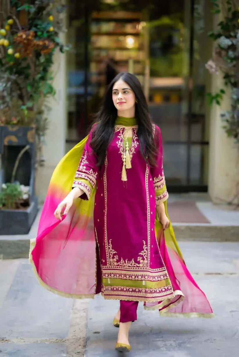 3 Piece Unstitched Heavy Embroidered Lawn Suit with Dyed Chiffon Dupatta