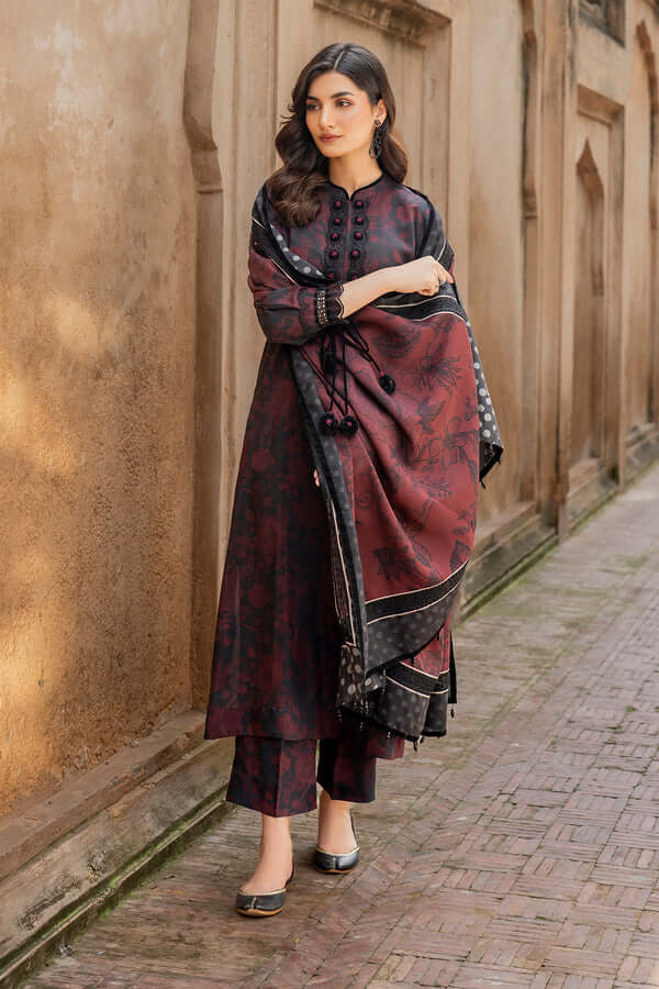 3 Piece Unstitched Embroidered Khaddar Suit with Printed Khaddar Dupatta