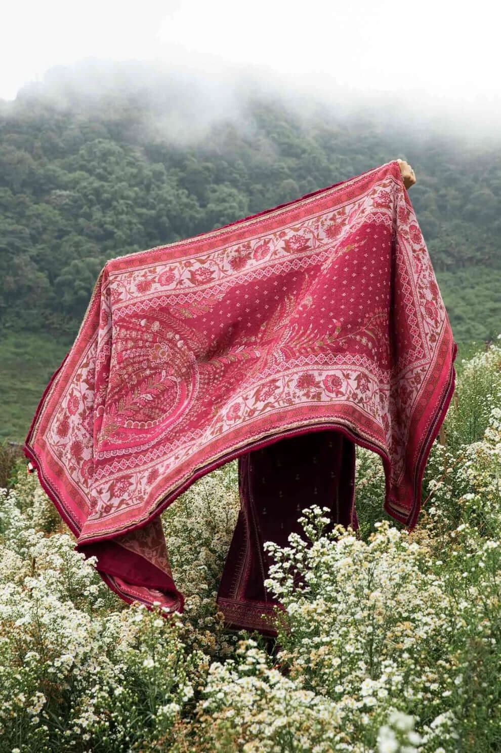 3 Piece Unstitched Heavy Embroidered Dhanak Suit with Printed Wool Shawl