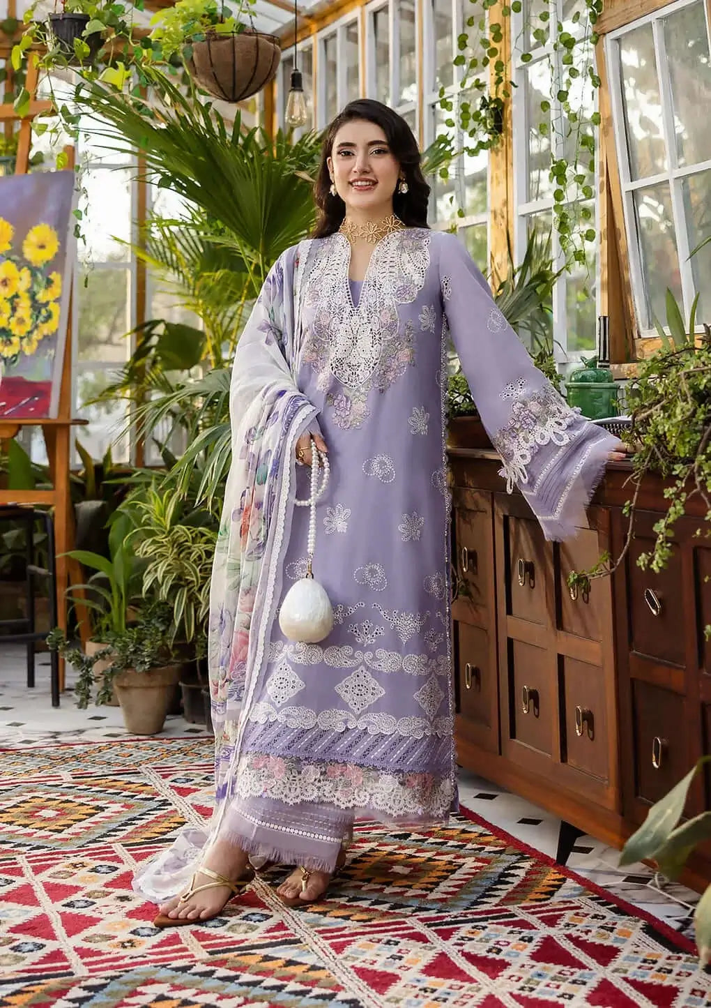 3 Piece Unstitched Heavy Embroidered Chicken Kari Lawn Suit with Printed Slub Dupatta