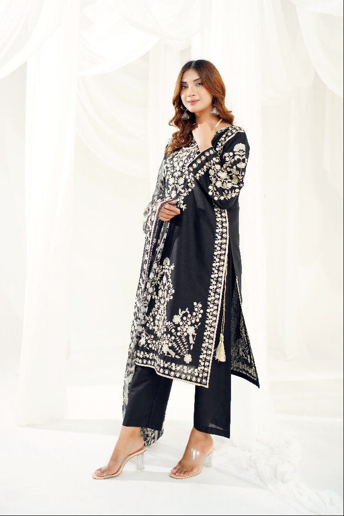 3 Piece Stitched Embroidered Lawn Suit with Printed Monaar Chiffon Dupatta