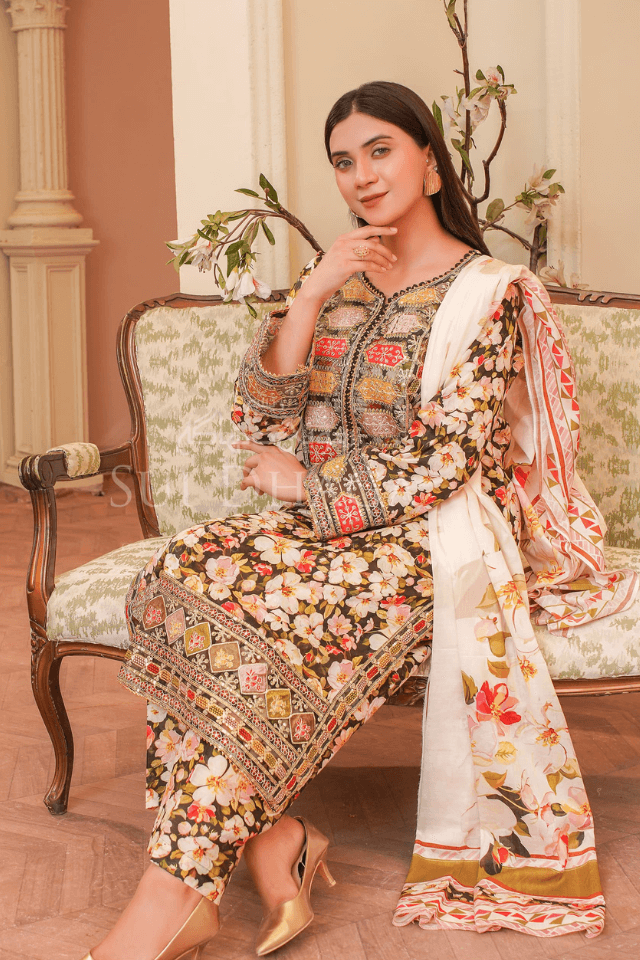 3 Piece Stitched Embroidered Lawn Suit with Printed Lawn Dupatta