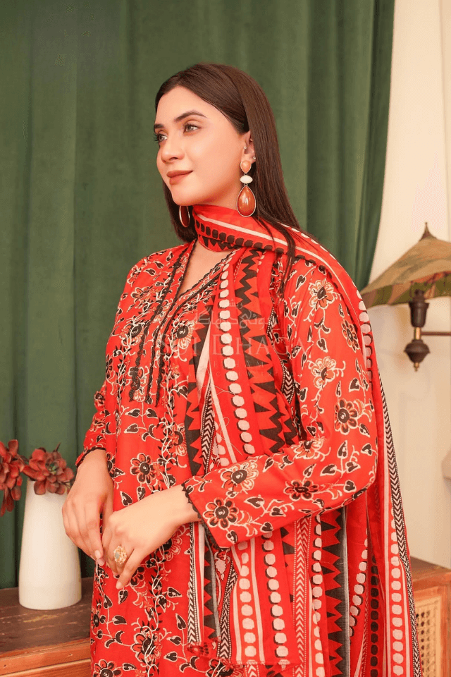 3 Piece Stitched Embroidered Lawn Suit with Printed Lawn Dupatta