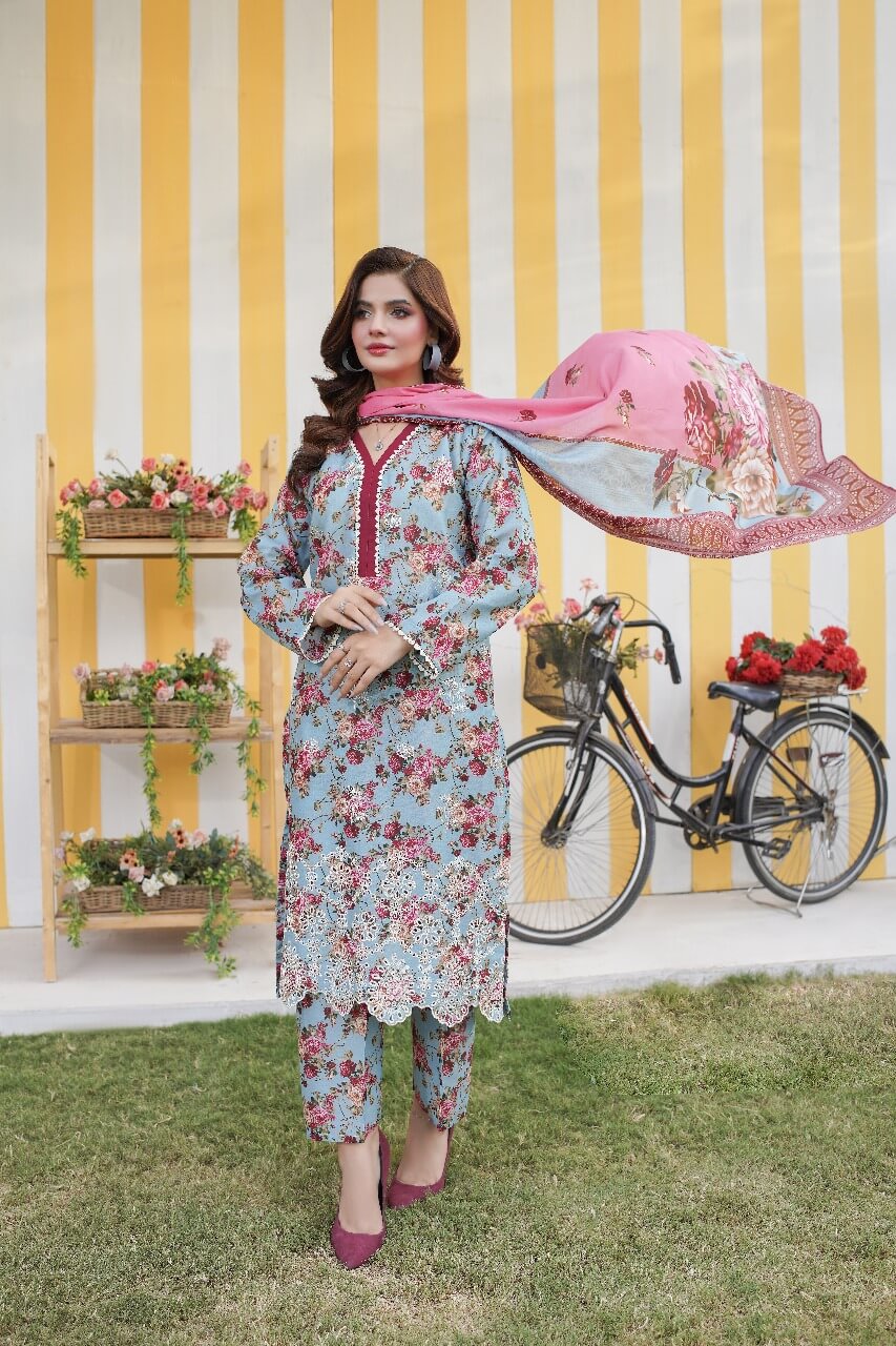 3 Piece Stitched Embroidered Lawn Suit with Printed Monaar Chiffon Dupatta