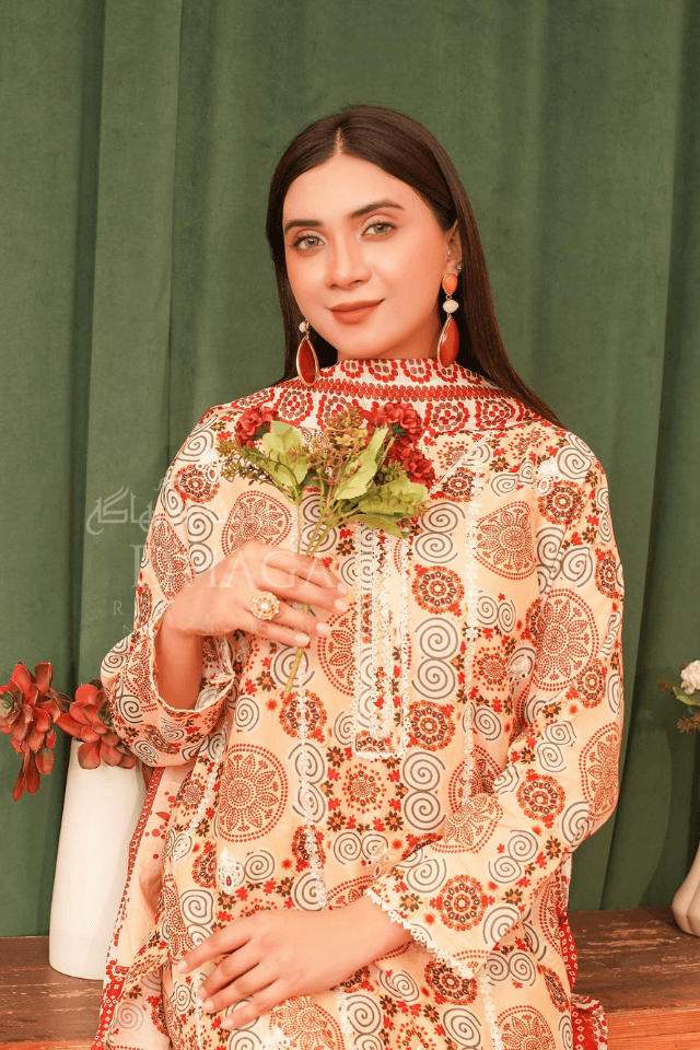 3 Piece Stitched Embroidered Lawn Suit with Printed Chiffon Dupatta