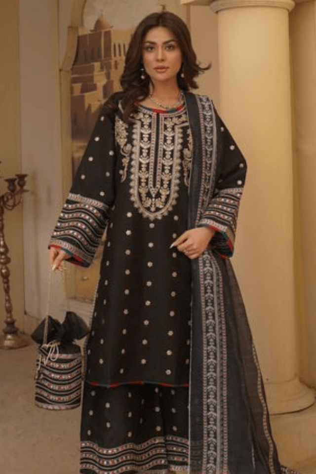 3 Piece Stitched Embroidered Lawn Suit with Printed Monaar Chiffon Dupatta and Hand Bag