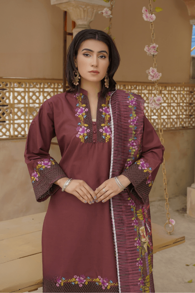 3 Piece Stitched Embroidered Lawn Suit with Printed Monaar Chiffon Dupatta