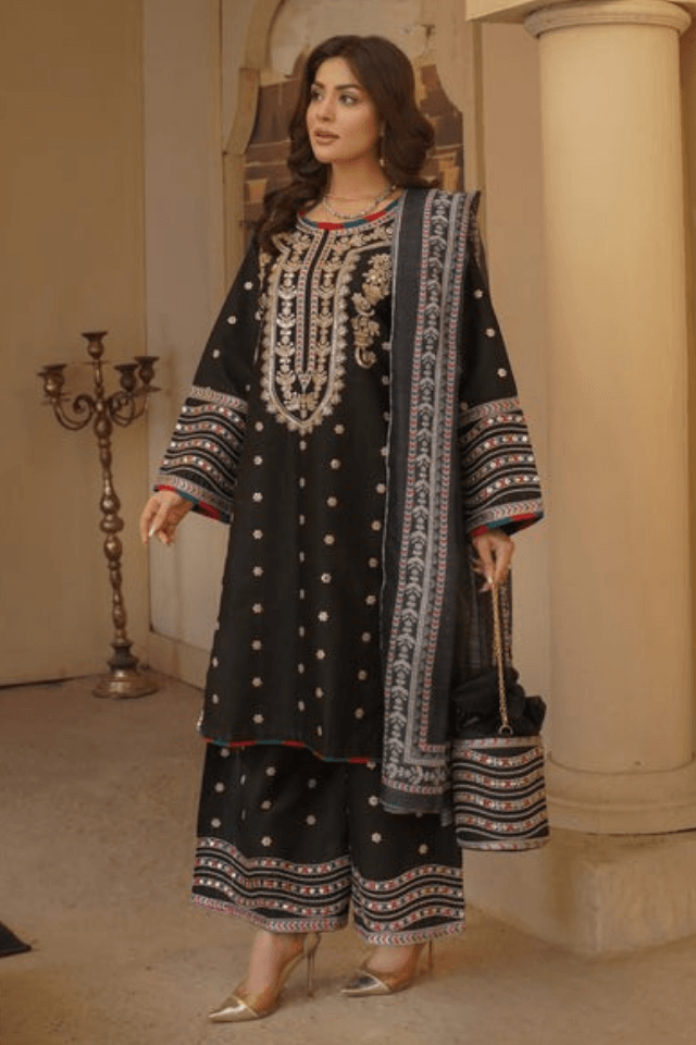 3 Piece Stitched Embroidered Lawn Suit with Printed Monaar Chiffon Dupatta and Hand Bag