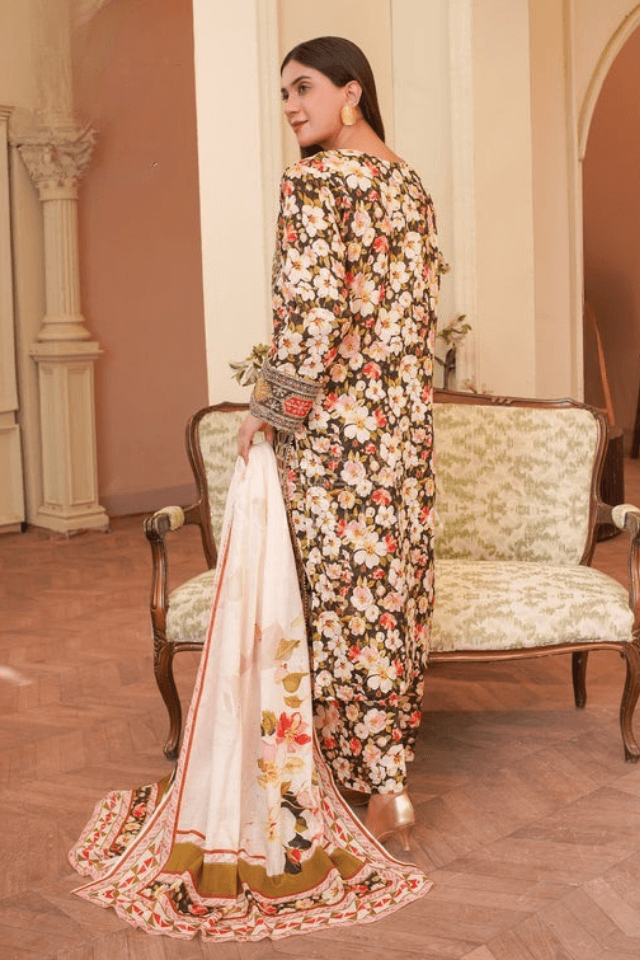 3 Piece Stitched Embroidered Lawn Suit with Printed Lawn Dupatta