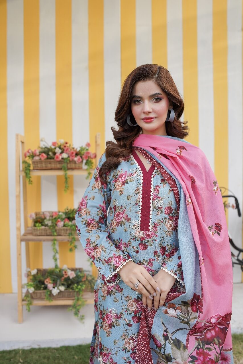 3 Piece Stitched Embroidered Lawn Suit with Printed Monaar Chiffon Dupatta
