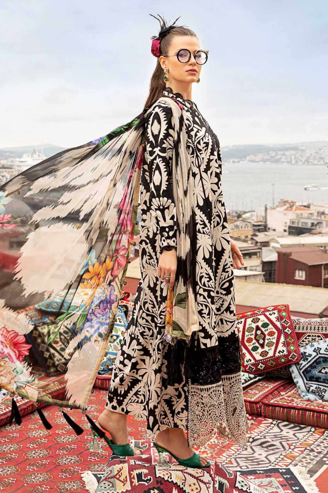3 Piece Stitched Embroidered Lawn Suit with Printed Lawn Dupatta