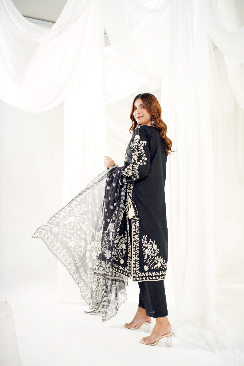 3 Piece Stitched Embroidered Lawn Suit with Printed Monaar Chiffon Dupatta