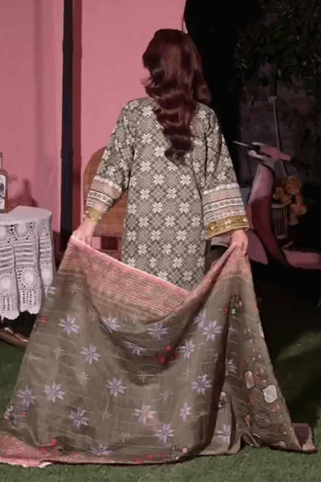 3 Piece Stitched Embroidered Lawn Suit with Printed Monaar Chiffon Dupatta