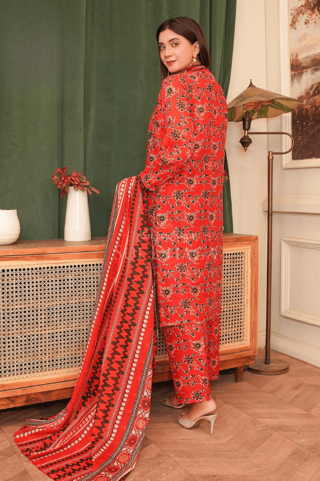 3 Piece Stitched Embroidered Lawn Suit with Printed Lawn Dupatta