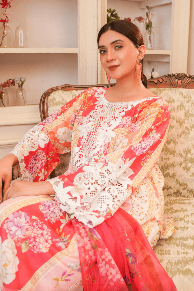 3 Piece Stitched Embroidered Lawn Suit with Printed Monaar Chiffon Dupatta