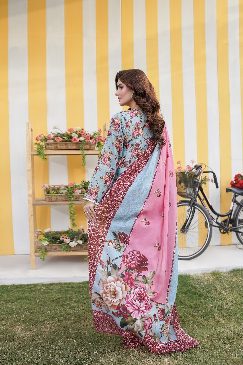 3 Piece Stitched Embroidered Lawn Suit with Printed Monaar Chiffon Dupatta