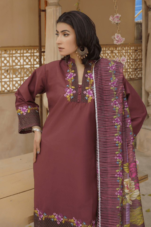 3 Piece Stitched Embroidered Lawn Suit with Printed Monaar Chiffon Dupatta