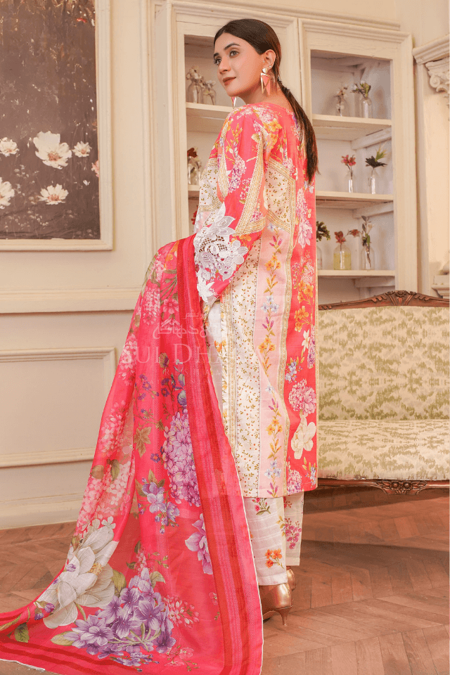 3 Piece Stitched Embroidered Lawn Suit with Printed Monaar Chiffon Dupatta