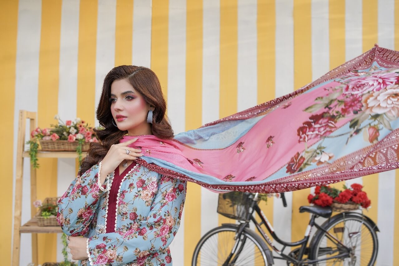 3 Piece Stitched Embroidered Lawn Suit with Printed Monaar Chiffon Dupatta