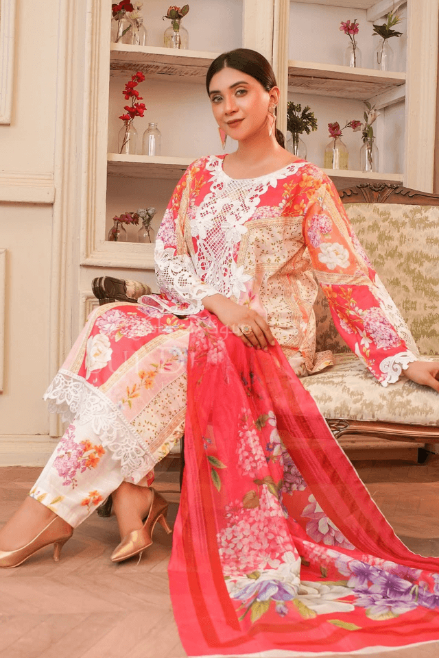 3 Piece Stitched Embroidered Lawn Suit with Printed Monaar Chiffon Dupatta
