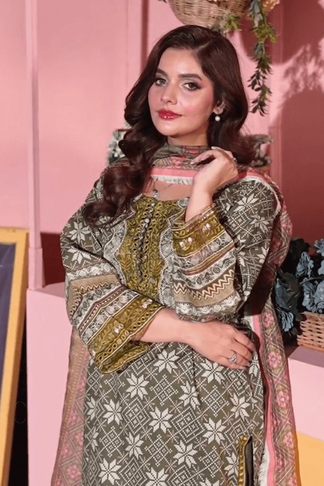 3 Piece Stitched Embroidered Lawn Suit with Printed Monaar Chiffon Dupatta