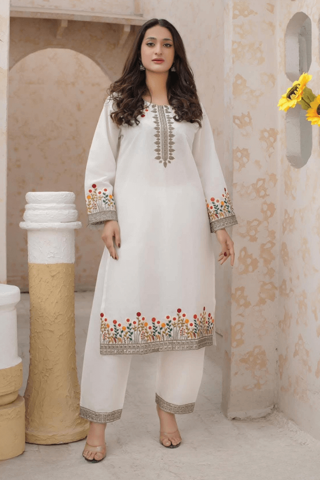 3 Piece Stitched Embroidered Lawn Suit with Printed Monaar Chiffon Dupatta