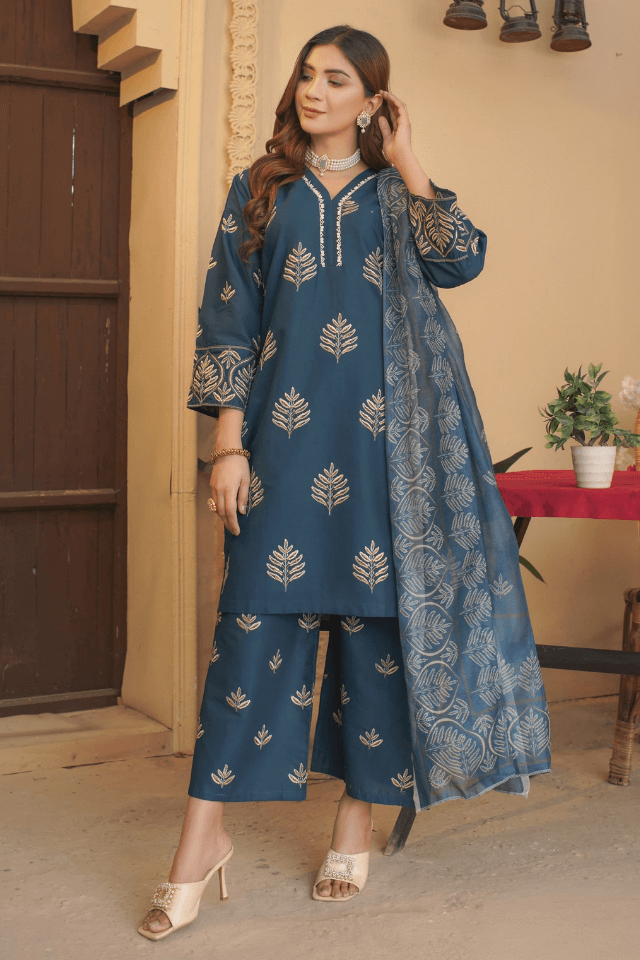 3 Piece Stitched Embroidered Lawn Suit with Printed Monaar Chiffon Dupatta