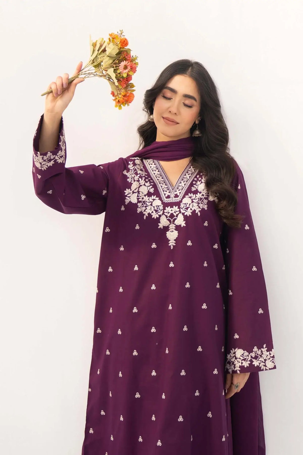 3 Piece Unstitched Heavy Embroidered Lawn Suit with Embroidered Chiffon Dupatta