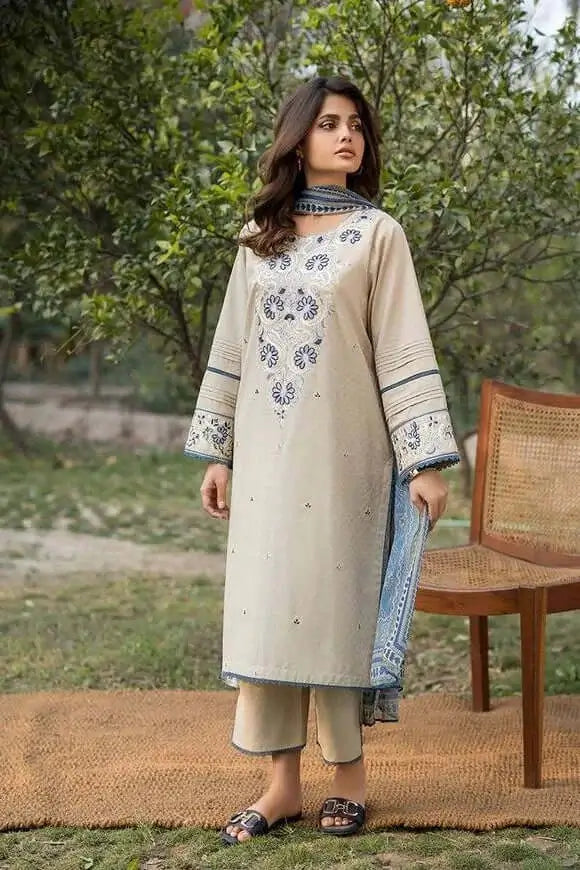 3 Piece Unstitched Heavy Embroidered Lawn Suit with Embroidered Slub Dupatta
