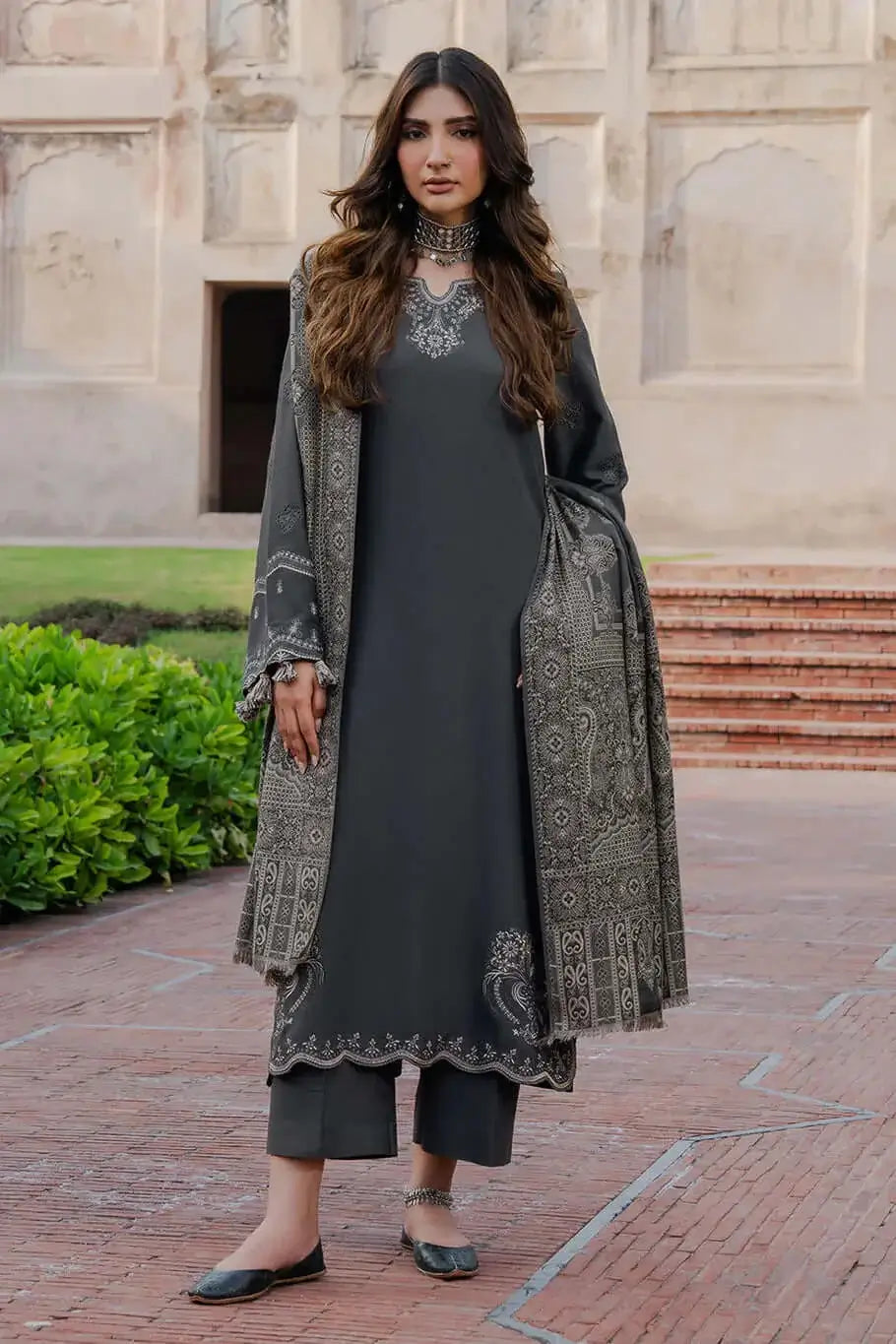 3 Piece Unstitched Heavy Embroidered Lawn Suit with Printed Voil Dupatta