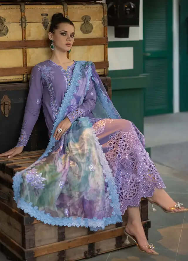 3 Piece Unstitched Heavy Embroidered Chickenkari Lawn Suit with Digital Printed Monaar Slub Dupatta
