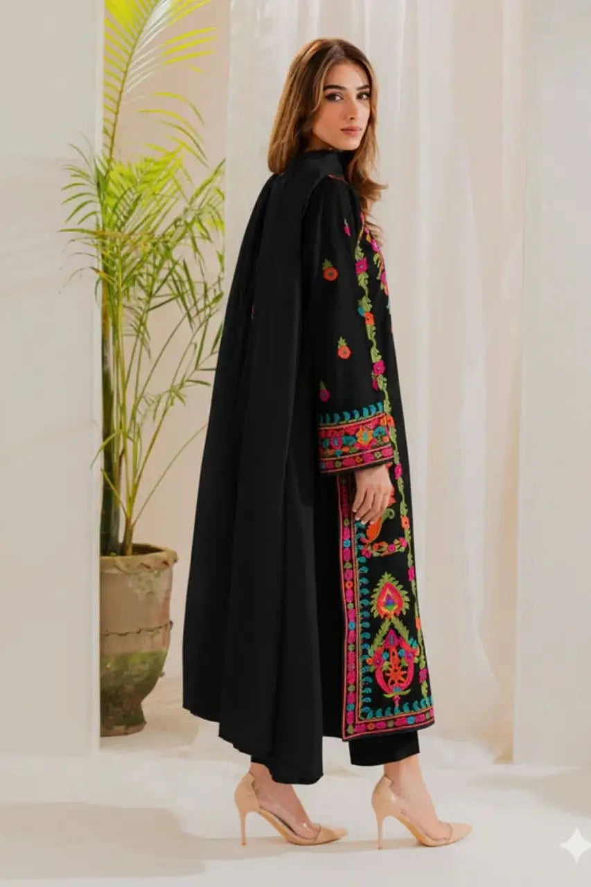 3 Piece Unstitched Heavy Embroidered Lawn Suit with Dyed Chiffon Dupatta