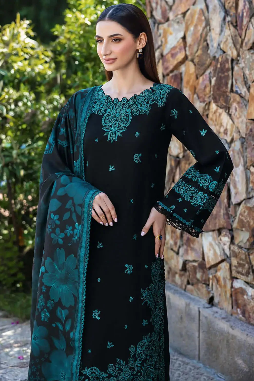 3 Piece Unstitched Heavy Embroidered Lawn Suit with Printed Voil Dupatta