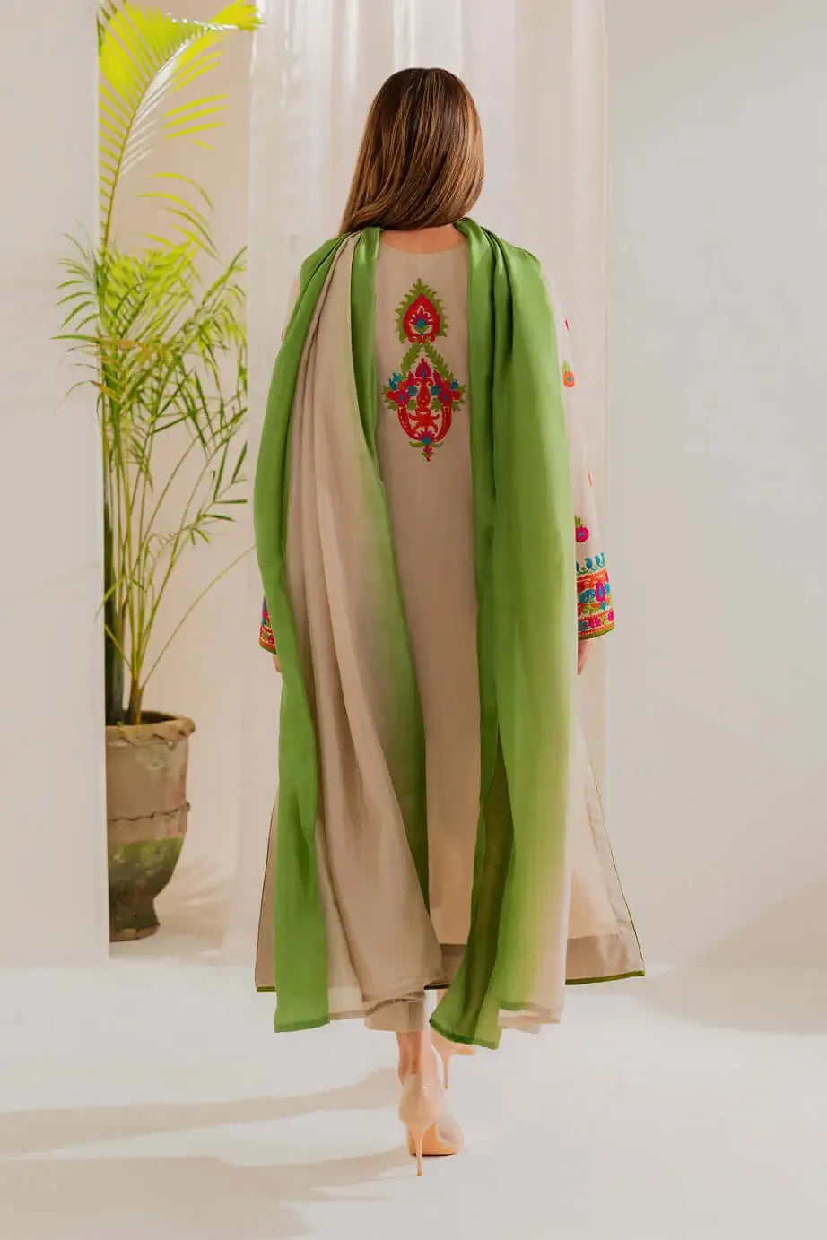 3 Piece Unstitched Heavy Embroidered Lawn Suit with Dyed Chiffon Dupatta