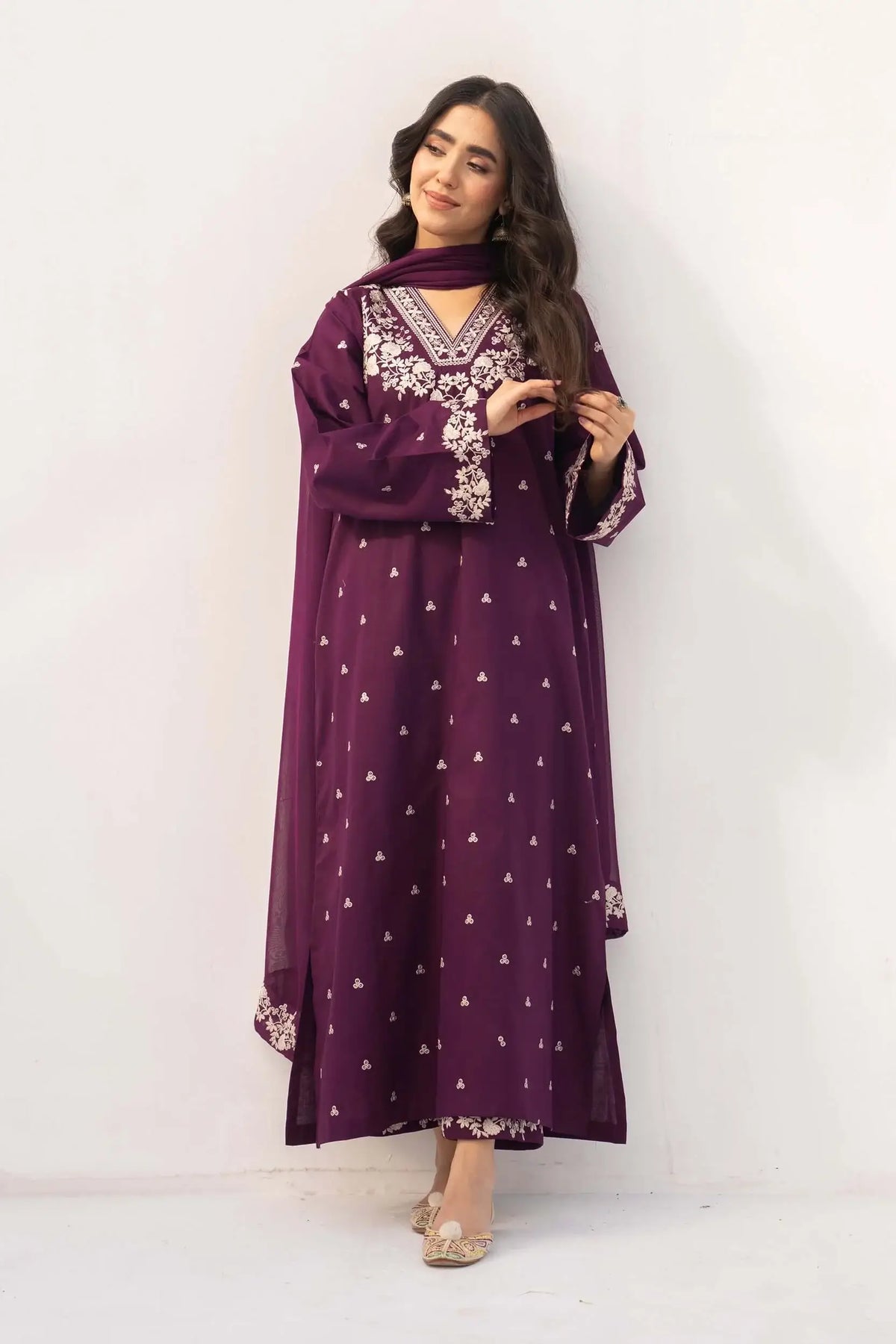 3 Piece Unstitched Heavy Embroidered Lawn Suit with Embroidered Chiffon Dupatta