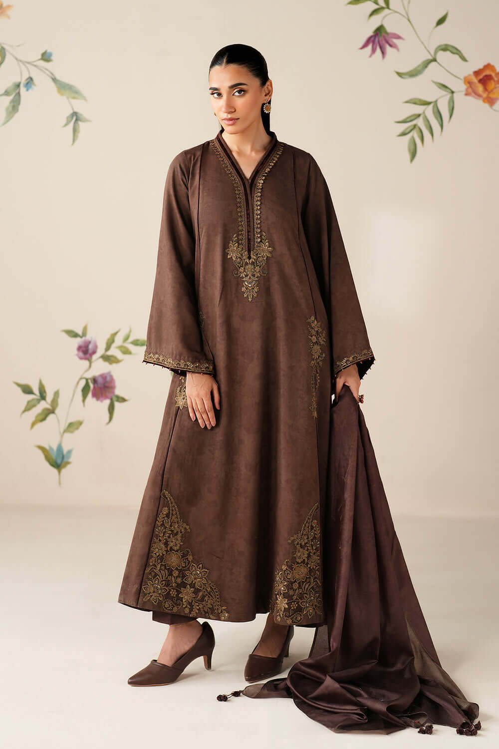 3 Piece Unstitched Embroidered Dhanak Suit with Plain Dhanak Shawl