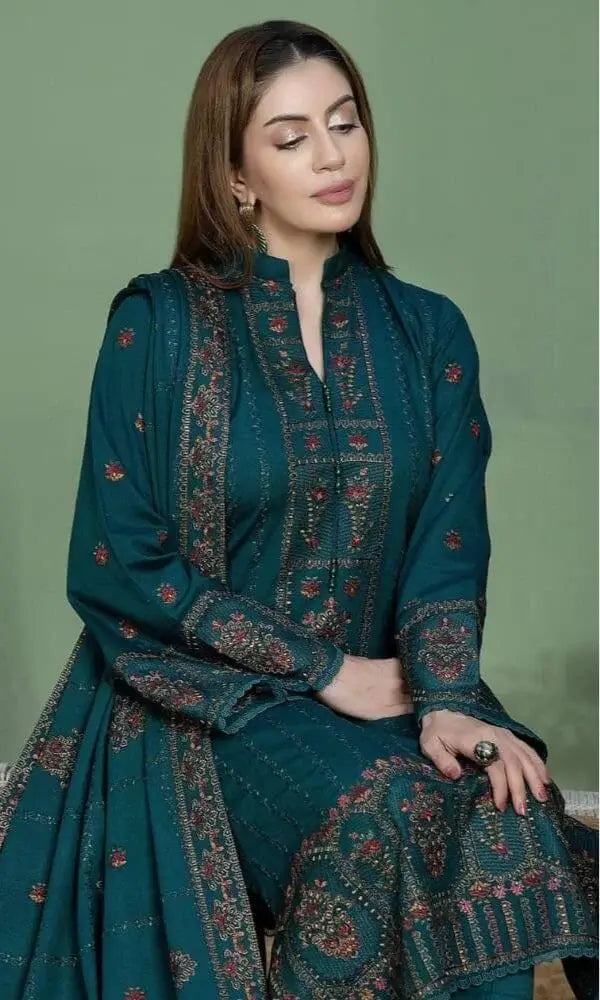 3 Piece Unstitched Heavy Embroidered Dhanak Suit with Embroidered Dhanak Shawl