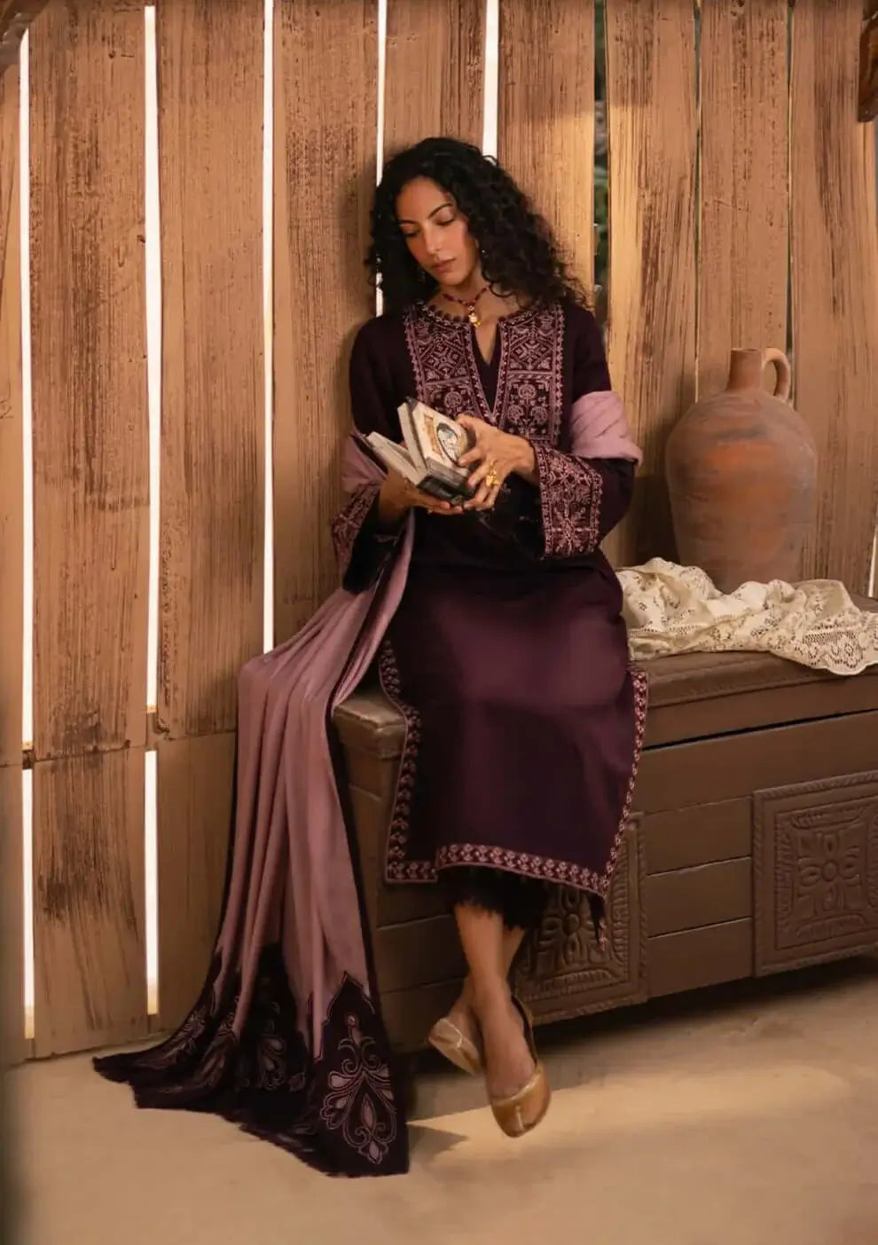 3 Piece Unstitched Embroidered Dhanak Suit with Embroidered Dhanak Shawl