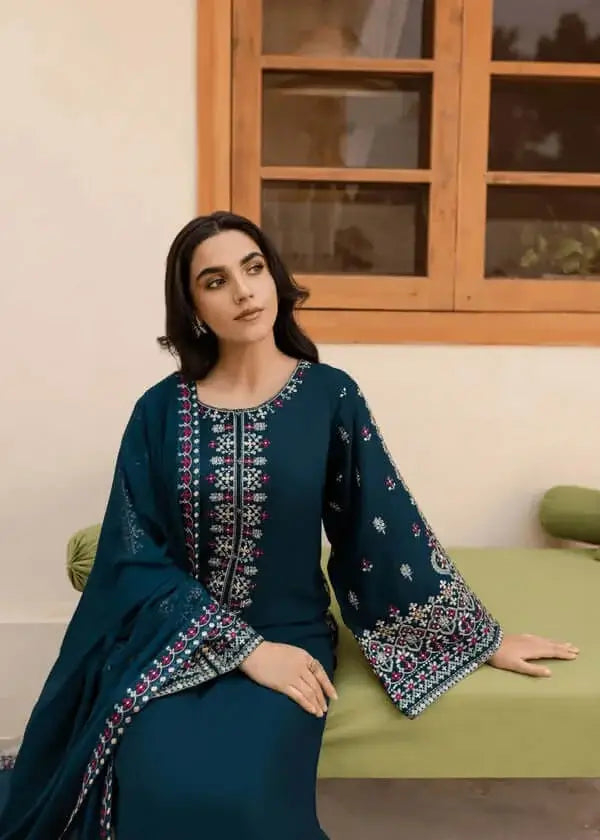 3 Piece Unstitched Embroidered Dhanak Suit with Embroidered Dhanak Shawl