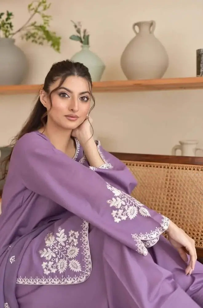 3 Piece Unstitched Embroidered Dhanak Suit with Printed Wool Shawl
