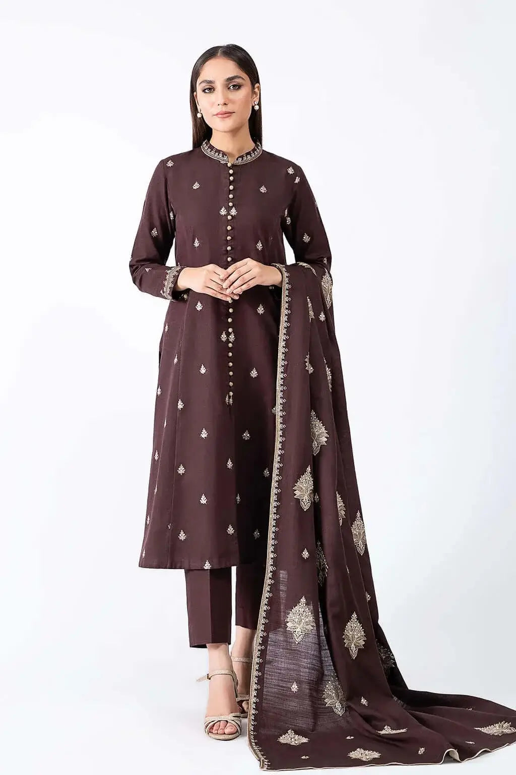 3 Piece Unstitched Heavy Embroidered Dhanak Suit with Embroidered Dhanak Shawl