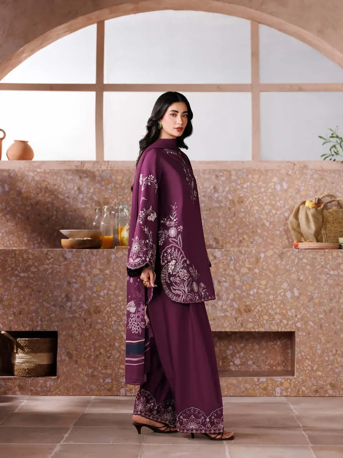 3 Piece Unstitched Heavy Embroidered Dhanak Suit with Printed Wool Shawl