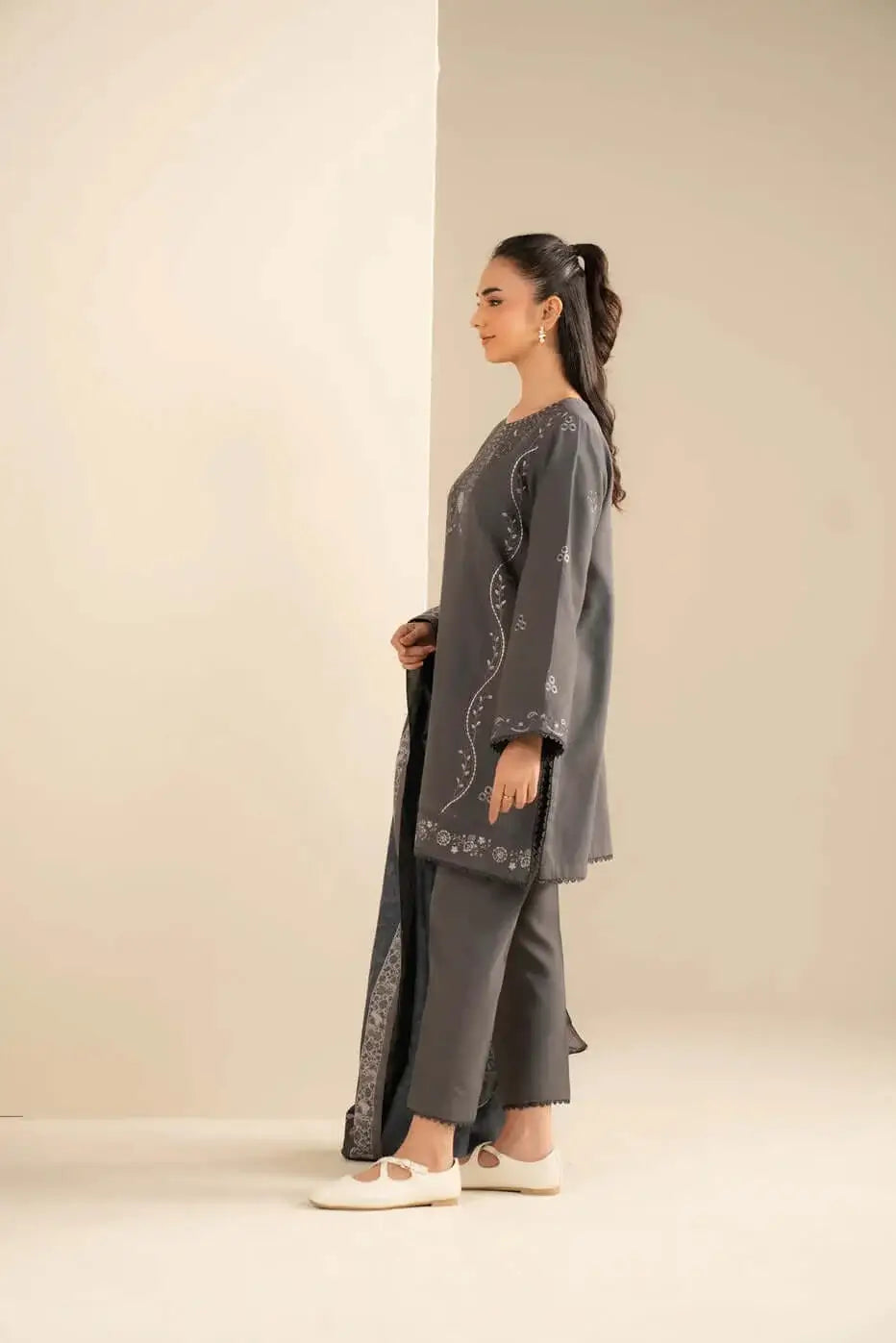 3 Piece Unstitched Embroidered Dhanak Suit with Printed Wool Shawl