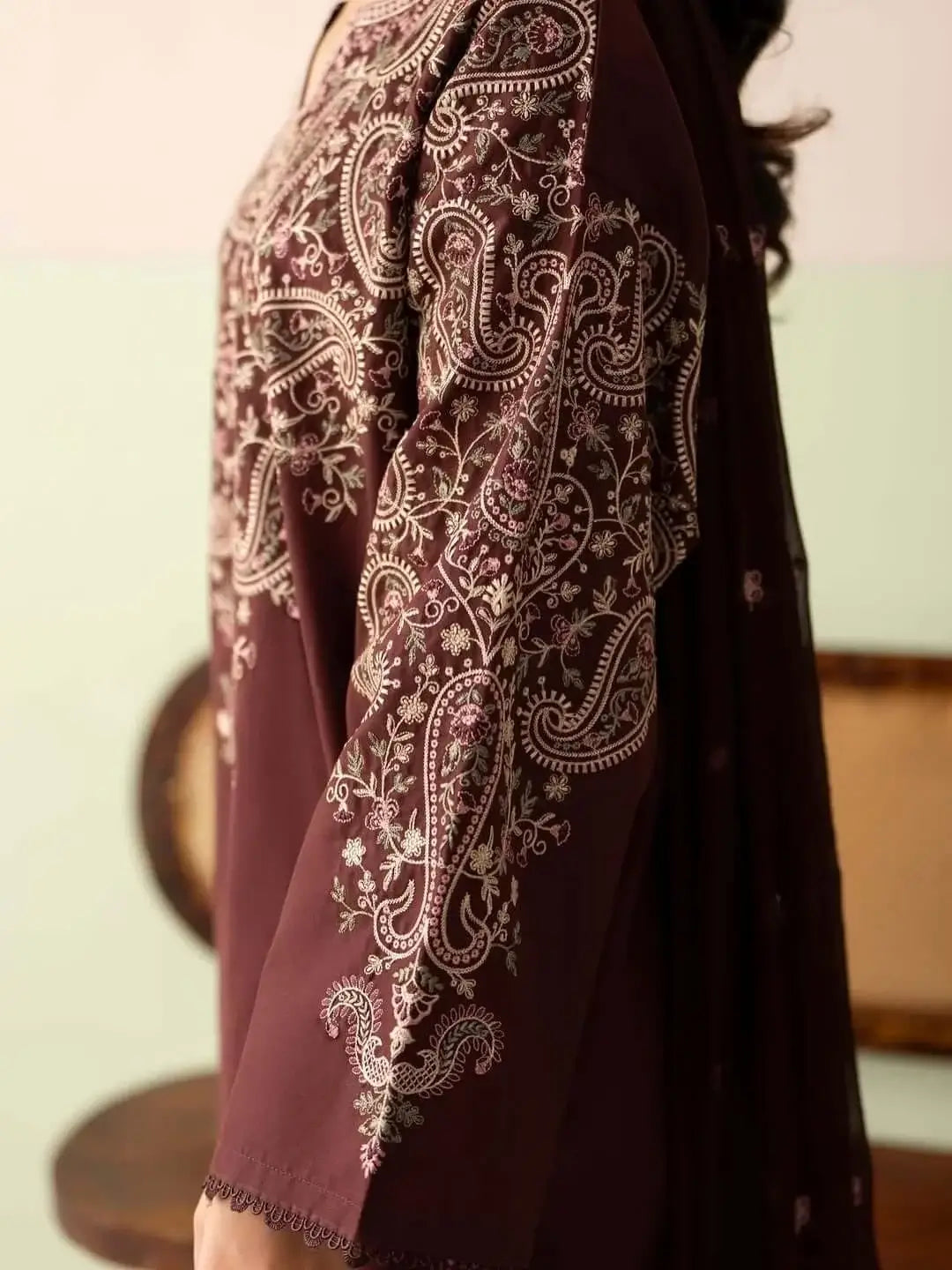 3 Piece Unstitched Embroidered Dhanak Suit with Embroidered Dhanak Shawl